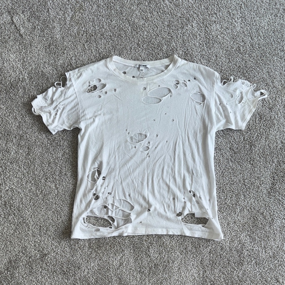 Fashion Nova Distressed White Short Sleeve Tee